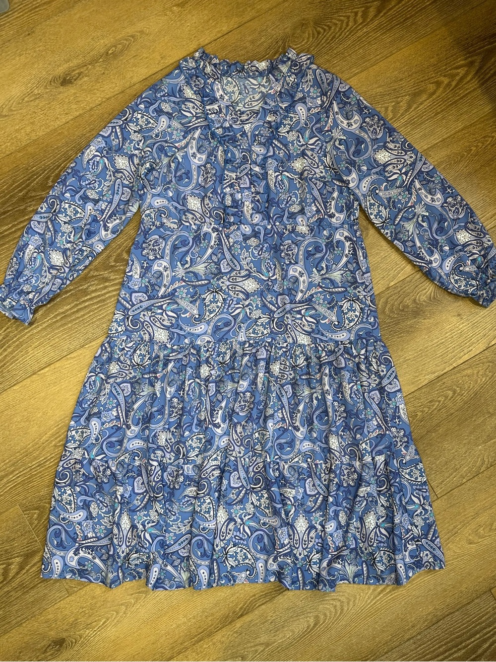 Blue Paisley Ruffle-Neck Dress - lantern sleeve tiered skirt - no tags see pics